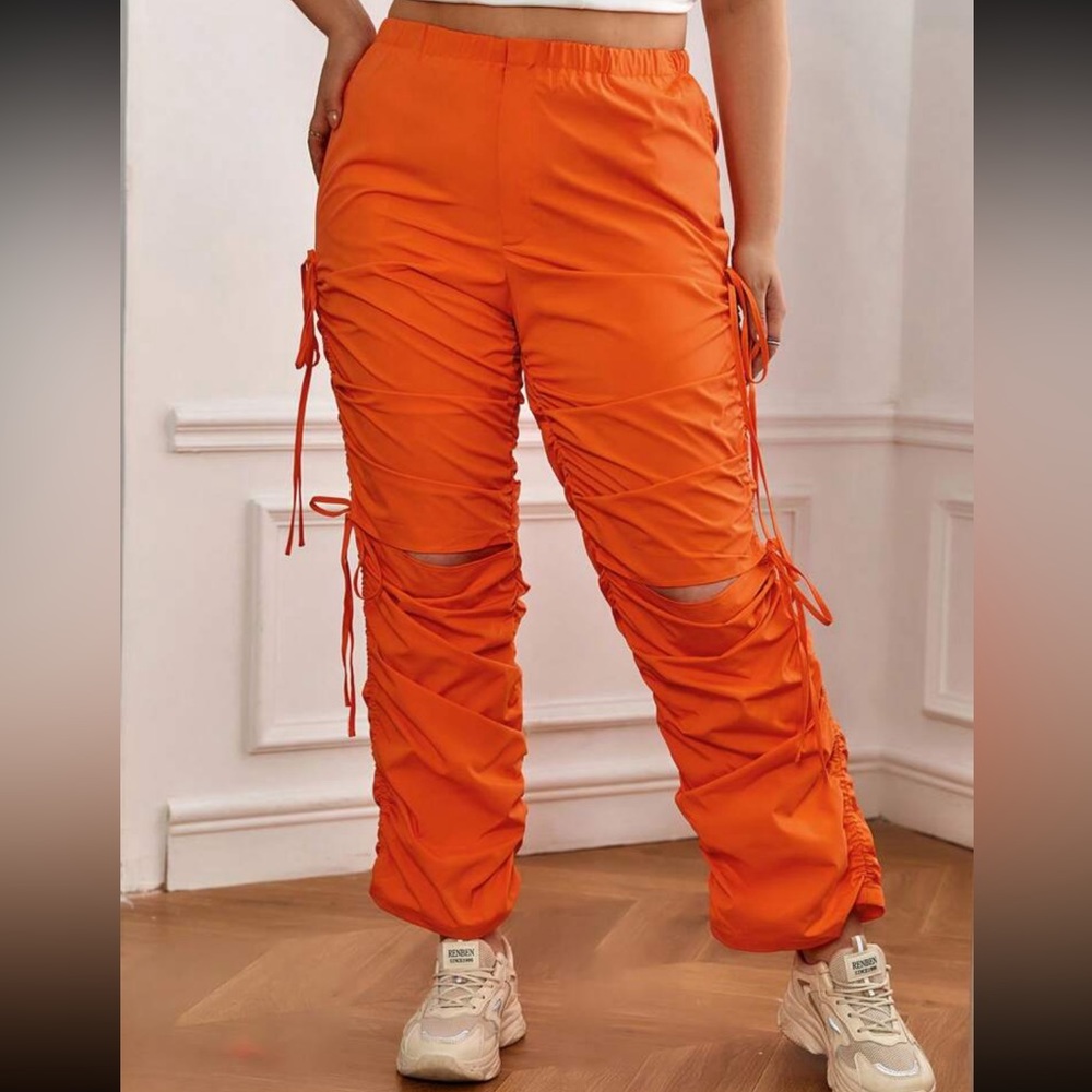 SHEIN Orange Elastic Wasitband Ruched Slit Knee Pants